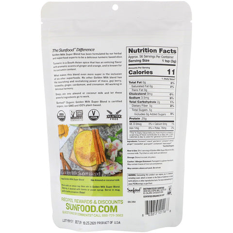 Sunfood - Organic Golden Milk Super Blend Powder, 6 oz (168 g)
