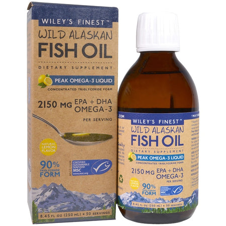 Wiley's Finest, Wild Alaskan Fish Oil, Peak Omega-3 Liquid, Natural Lemon Flavor, 2150 mg, 8.45 fl oz (250 ml)