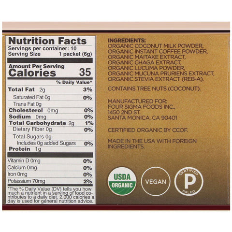Four Sigmatic - Mushrooms Coffee Latte Mix, 10 Packets, 0.21 oz (6 g) Each