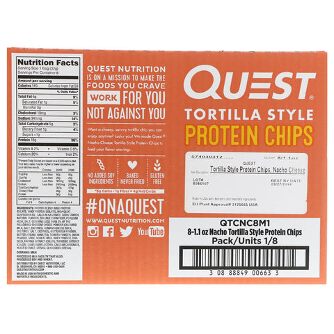 Quest Nutrition - Tortilla Style Protein Chips, Nacho Cheese, 8 Bags, 1.1 oz (32 g ) Each
