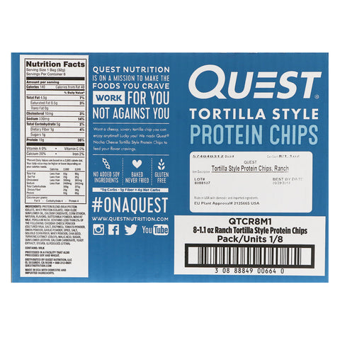 Quest Nutrition - Tortilla Style Protein Chips, Ranch, 8 Bags, 1.1 oz (32 g ) Each