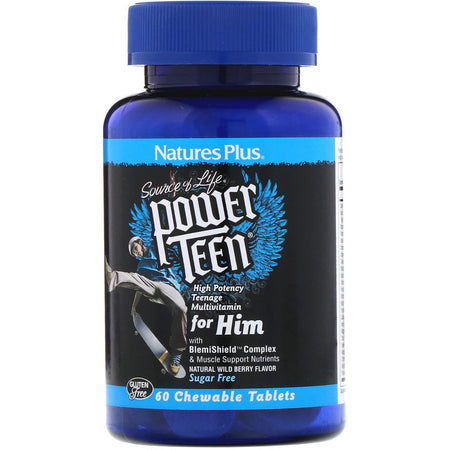Natures Plus - Source of Life, Power Teen, For Him, Sugar Free, Natural Wild Berry Flavor, 60 Chewable Tablets