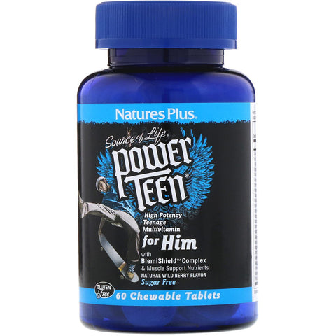 Natures Plus - Source of Life, Power Teen, For Him, Sugar Free, Natural Wild Berry Flavor, 60 Chewable Tablets