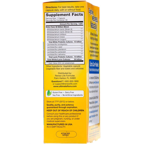 ReNew Life - Extra Care, Ultimate Flora Probiotic, 30 Billion Live Cultures, Go Pack 30 Vegetable Capsules