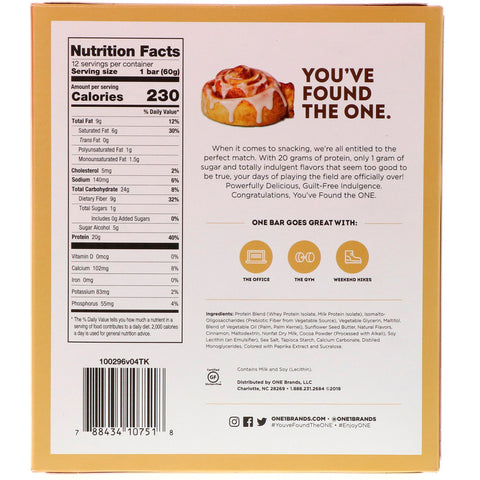 One Brands, One Bar, Cinnamon Roll, 12 Bars, 2.12 oz (60 g) Each