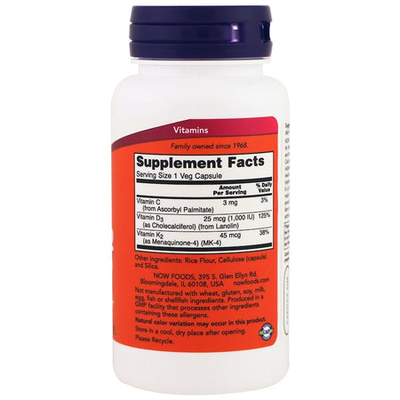 Now Foods - Vit D-3 / K2 1000 IU/45 MCG  120 VCAPS - 120 Capsules