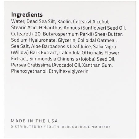 Yeouth - Dead Sea Mud Mask With Hyaluronic Acid, Aloe Vera, Collodial Oatmeal, 8oz