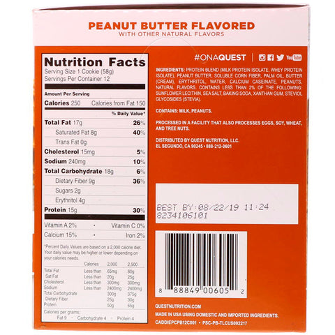 Quest Nutrition - Protein Cookie, Peanut Butter, 12 Pack, 2.04 oz (58 g) Each