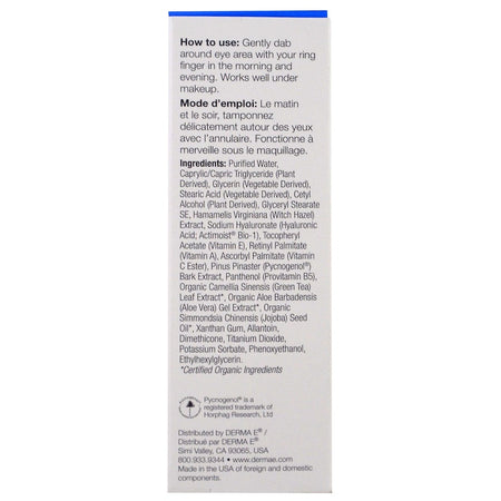 Derma E, Hydrating Eye Cream With Hyaluronic Acid, 1/2 Oz