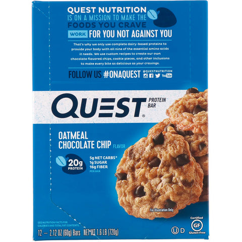 Quest Nutrition - Protein Bar, Oatmeal Chocolate Chip, 12 Bars, 2.12 oz (60 g) Each