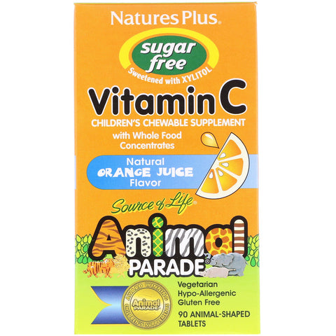 Natures Plus - Source of Life, Animal Parade, Vitamin C, Children's Chewable Supplement, Sugar Free, Natural Orange Juice Flavor, 90 Animal-Shaped Tablets