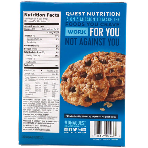 Quest Nutrition - Protein Bar, Oatmeal Chocolate Chip, 12 Bars, 2.12 oz (60 g) Each