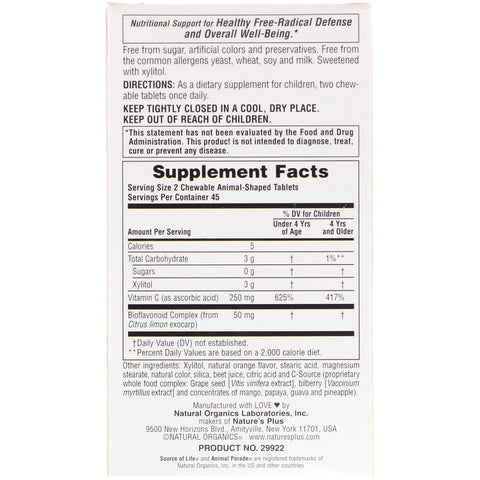 Natures Plus - Source of Life, Animal Parade, Vitamin C, Children's Chewable Supplement, Sugar Free, Natural Orange Juice Flavor, 90 Animal-Shaped Tablets