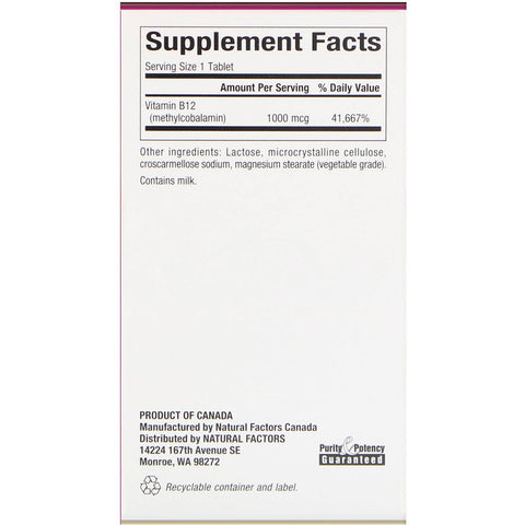 Natural Factors - B12, Methylcobalamin, 1000 Mcg,  - 180 Chewable Tablets