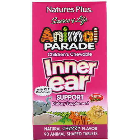Natures Plus - Source of Life, Animal Parade, Children's Chewable Inner Ear Support, Natural Cherry Flavor, 90 Animals-Shaped Tablets