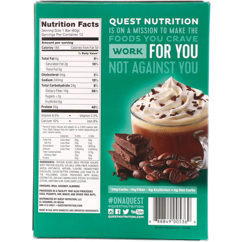 Quest Nutrition - Protein Bar, Mocha Chocolate Chip, 12 Bars, 2.12 oz (60 g) Each