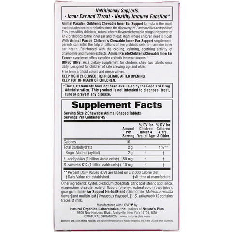 Natures Plus - Source of Life, Animal Parade, Children's Chewable Inner Ear Support, Natural Cherry Flavor, 90 Animals-Shaped Tablets