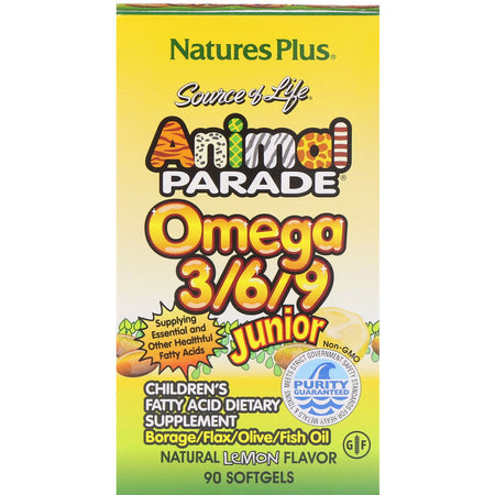 Natures Plus - Source of Life, Animal Parade, Omega 3/6/9 Junior, Natural Lemon Flavor, 90 Softgels