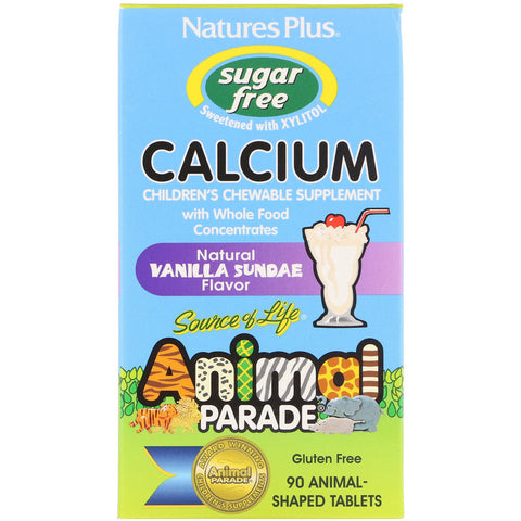 Natures Plus - Source of Life, Animal Parade, Calcium, Children's Chewable Supplement, Sugar Free, Natural Vanilla Sundae Flavor, 90 Animal-Shaped Tablets
