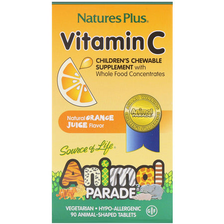Natures Plus - Source of Life, Animal Parade, Vitamin C, Children's Chewable Supplement, Natural Orange Juice Flavor, 90 Animal-Shaped Tablets