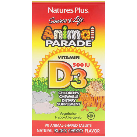Natures Plus - Source of Life, Animal Parade, Vitamin D3, Natural Black Cherry Flavor, 500 IU, 90 Animal-Shaped Tablets