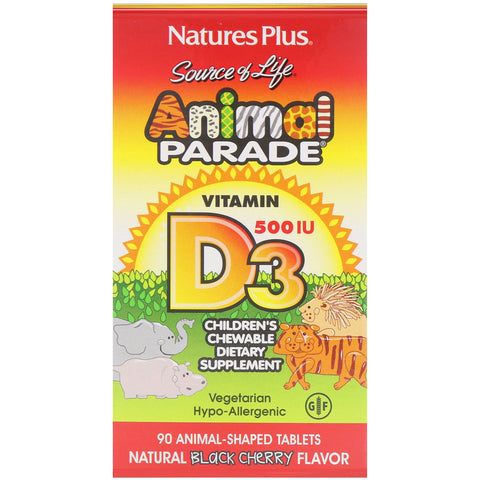 Natures Plus - Source of Life, Animal Parade, Vitamin D3, Natural Black Cherry Flavor, 500 IU, 90 Animal-Shaped Tablets