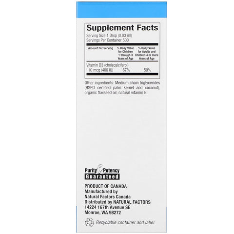 Natural Factors - Vitamin D3 Drops, Unflavored, 400 IU,  - 0.5 Fl Oz (15 Ml)
