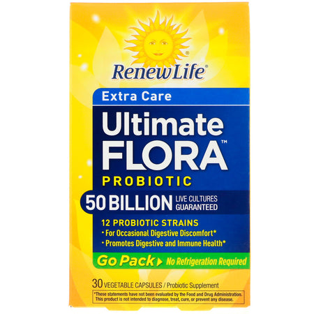 ReNew Life - Extra Care, Ultimate Flora Probiotic, 50 Billion Live Cultures, Go Pack 30 Vegetable Capsules