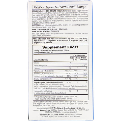 Natures Plus - Source of Life, Animal Parade, Kids Immune Booster, Natural Tropical Berry Flavor, 90 Animals