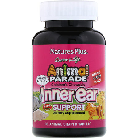 Natures Plus - Source of Life, Animal Parade, Children's Chewable Inner Ear Support, Natural Cherry Flavor, 90 Animals-Shaped Tablets