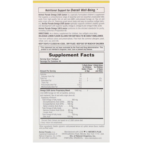 Natures Plus - Source of Life, Animal Parade, Omega 3/6/9 Junior, Natural Lemon Flavor, 90 Softgels