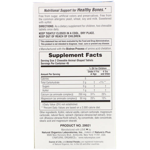 Natures Plus - Source of Life, Animal Parade, Calcium, Children's Chewable Supplement, Sugar Free, Natural Vanilla Sundae Flavor, 90 Animal-Shaped Tablets