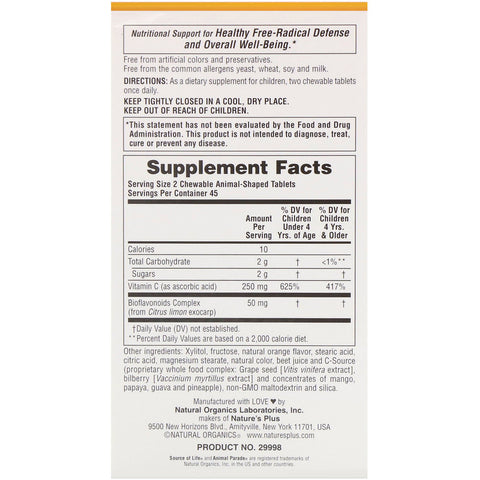 Natures Plus - Source of Life, Animal Parade, Vitamin C, Children's Chewable Supplement, Natural Orange Juice Flavor, 90 Animal-Shaped Tablets