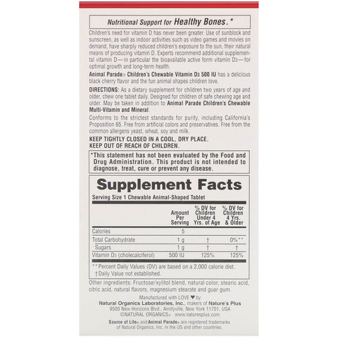 Natures Plus - Source of Life, Animal Parade, Vitamin D3, Natural Black Cherry Flavor, 500 IU, 90 Animal-Shaped Tablets