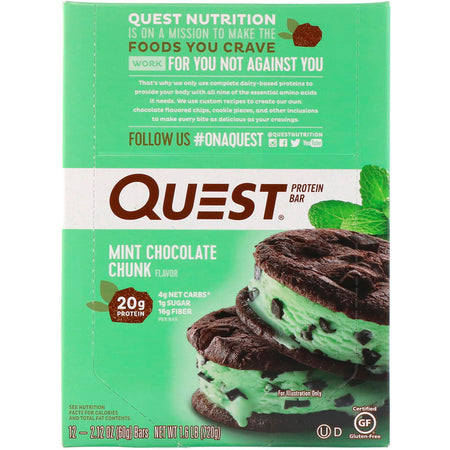 Quest Nutrition - Protein Bar, Mint Chocolate Chunk, 12 Bars, 2.12 oz (60 g) Each