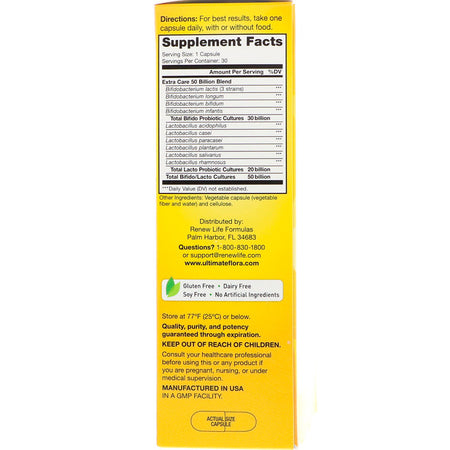 ReNew Life - Extra Care, Ultimate Flora Probiotic, 50 Billion Live Cultures, Go Pack 30 Vegetable Capsules