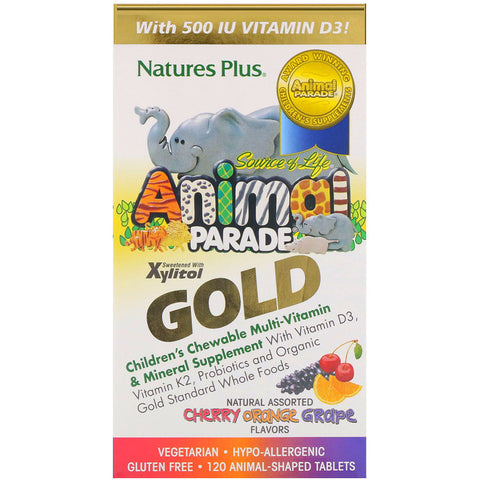 Natures Plus - Source of Life Animal Parade Gold, Children's Chewable Multi-Vitamin & Mineral Supplement, Natural Assorted Flavors, 120 Animal-Shaped Tablets