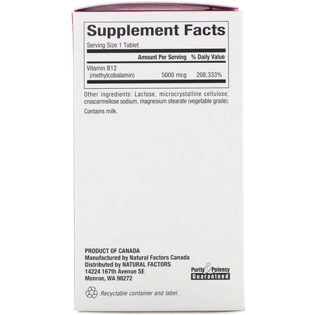 Natural Factors - B12, Methylcobalamin, 5000 Mcg,  - 60 Chewable Tablets
