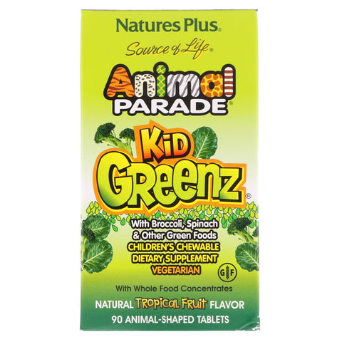 Natures Plus - Source of Life, Animal Parade, Kid Greenz with Broccoli, Spinach, Natural Tropical Fruit Flavor, 90 Animal-Shaped Tablets