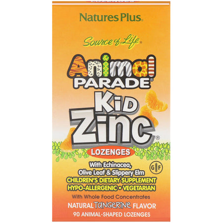 Natures Plus -Source of Life, Animal Parade, Kid Zinc Lozenges, Natural Tangerine Flavor, 90 Animal-Shaped Lozenges