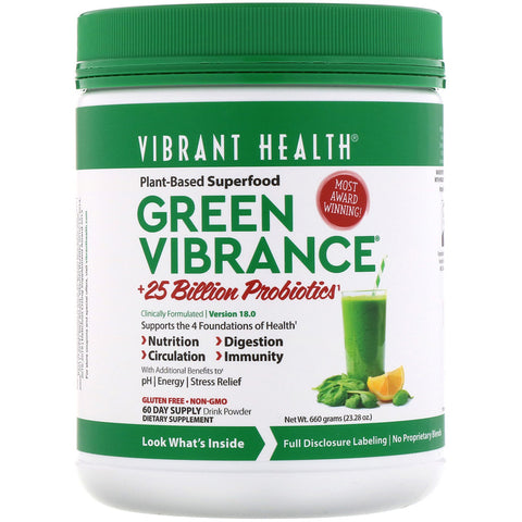 Vibrant Health - Green Vibrance 60 Serving, Family Size Powder, 709.8g 25.04 Oz