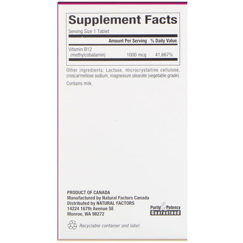 Natural Factors - B12, Methylcobalamin, 1000 Mcg,  - 90 Chewable Tablets