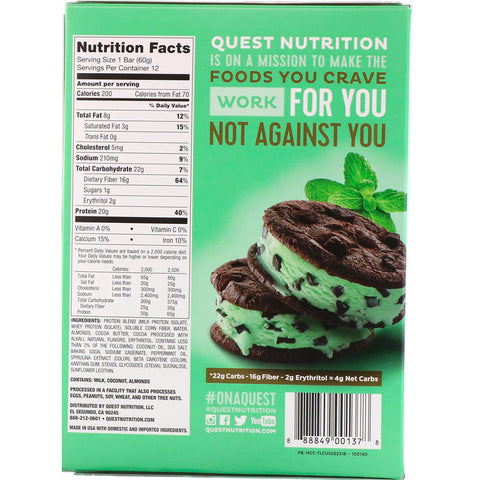Quest Nutrition - Protein Bar, Mint Chocolate Chunk, 12 Bars, 2.12 oz (60 g) Each