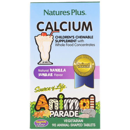 Natures Plus - Source of Life, Animal Parade, Calcium, Children's Chewable Supplement, Natural Vanilla Sundae Flavor, 90 Animal-Shaped Tablets