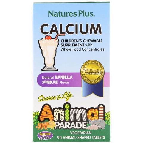 Natures Plus - Source of Life, Animal Parade, Calcium, Children's Chewable Supplement, Natural Vanilla Sundae Flavor, 90 Animal-Shaped Tablets