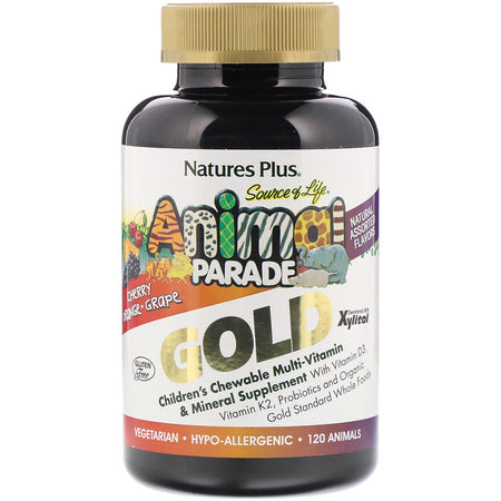 Natures Plus - Source of Life Animal Parade Gold, Children's Chewable Multi-Vitamin & Mineral Supplement, Natural Assorted Flavors, 120 Animal-Shaped Tablets