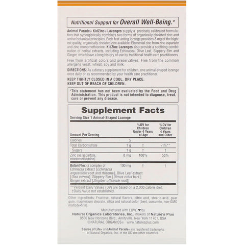 Natures Plus -Source of Life, Animal Parade, Kid Zinc Lozenges, Natural Tangerine Flavor, 90 Animal-Shaped Lozenges