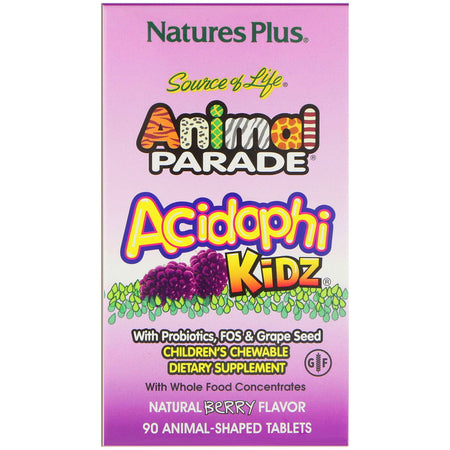Natures Plus - Source of Life Animal Parade, AcidophiKidz, Children's Chewable, Natural Berry, 90 Animal-Shaped Tablets
