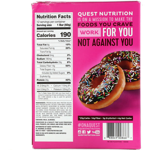 Quest Nutrition - Protein Bar, Chocolate Sprinkled Doughnut, 12 Bars, 2.12 oz (60 g) Each