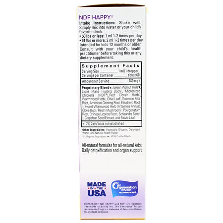 Bioray - NDF HAPPY® Removes Unwanted Organisms & Toxins, Kids, Peach Flavor, 2 fl oz. (60 ml)